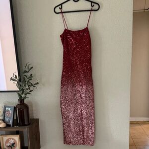 Fashion Nova Red to Rose Gold Sequin Strapless Slip Dress